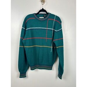 Vintage 80s 90s City Streets Teal Striped Crew Neck Sweater Size Medium Jumper